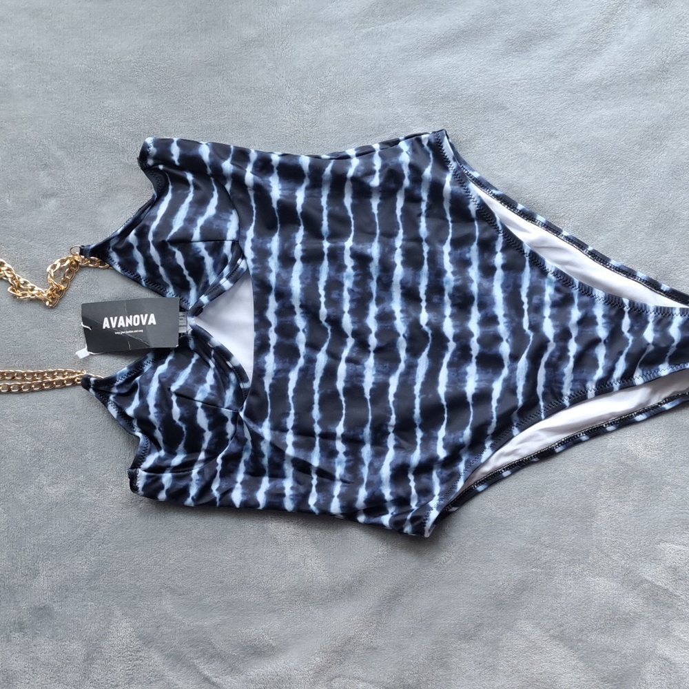 NWT Avanova Swimsuit Dark Blue Gray Small Gold Chain Suspender Keyhole Underwire